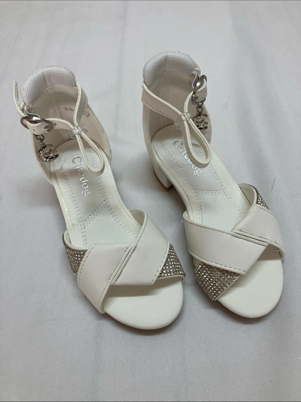 Girls' White Dress Sandals with Rhinestone Accent